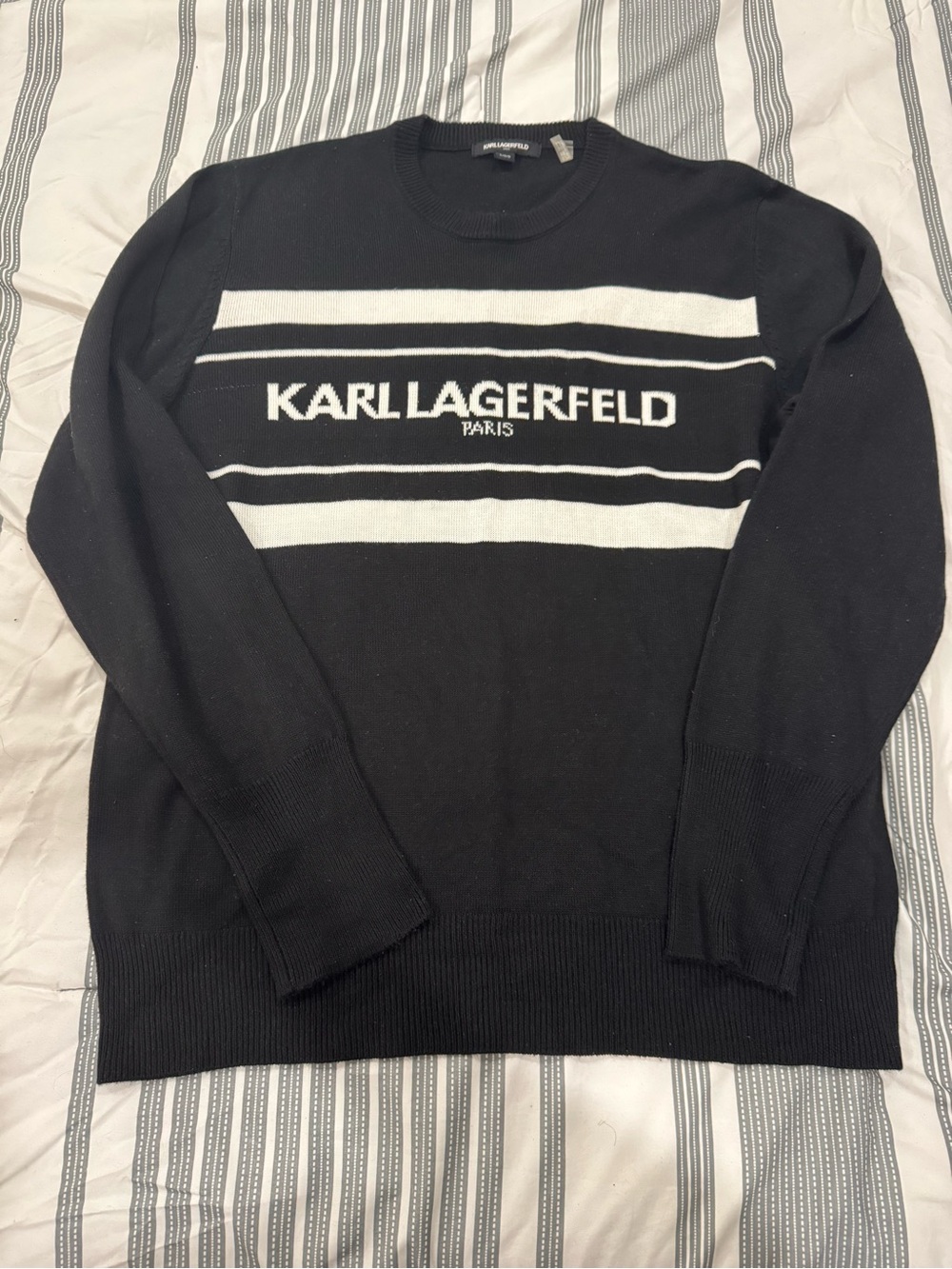 Karl Lagerfeld Black and White Striped Logo Crewneck Sweater